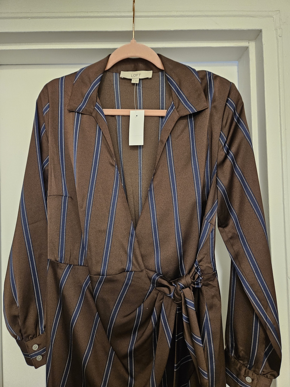 LOFT Brown Wrap Midi Dress with Blue Pinstripes - Picture 3 of 7